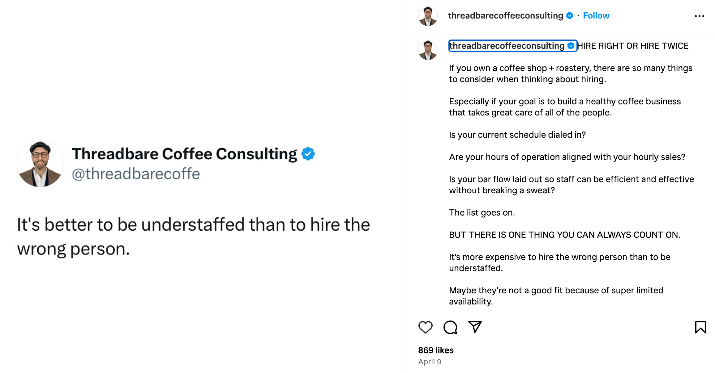 Threadbare Coffee Consulting Instagram post
